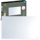 Witte infrarood verwarmingspaneel van Varin met afstandsbediening en doos met icoontjes voor Wi-Fi en Tuya.