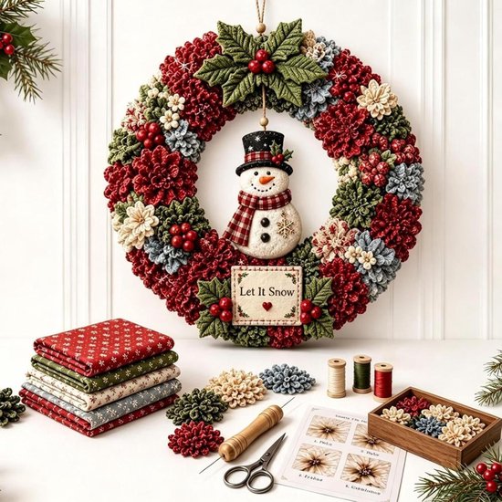 Kerstkrans met sneeuwpop, rode en witte bloemen, groene bladeren en kerstkrans. Inclusief stofstapels, garen en knutselspullen.