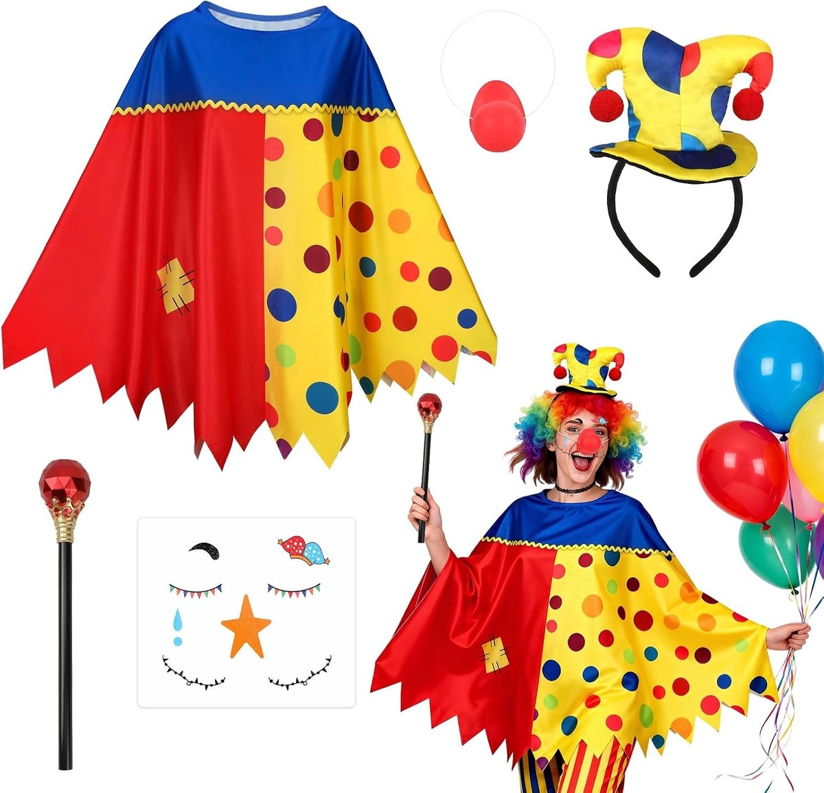 Clownskostuum voor Dames - Multicolor - Volwassenen - Inclusief Hoofdband, Poncho, Stok en Gezichtssticker - Voor Halloween en Carnaval