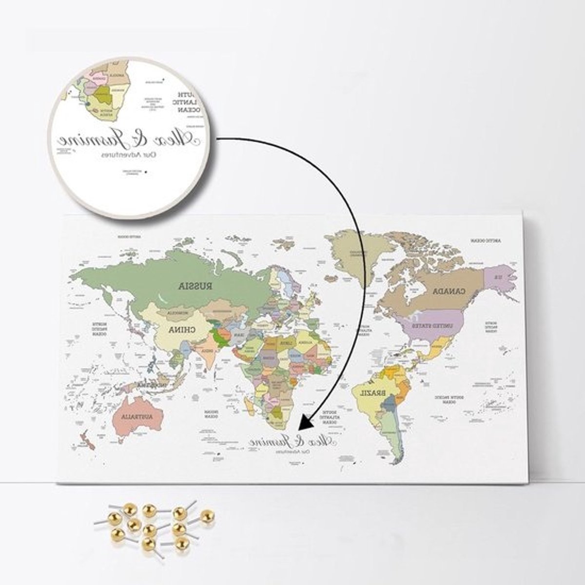 Wereldkaart Prikbord - Wanddecoratie Kaart - Reizen Plannen - Gepersonaliseerde Tekst - 60x40 cm - Wit