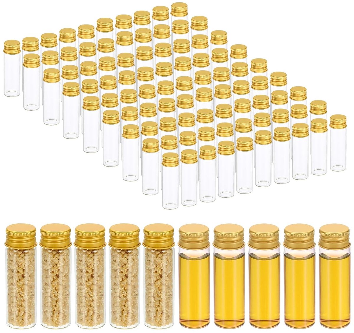 15 ml doorzichtige glazen flacons, 100 stuks kleine vloeibare monsterflacon met schroefdoppen lekvrije flessen, lege potten, poedercontainer voor monster, goudkleurig