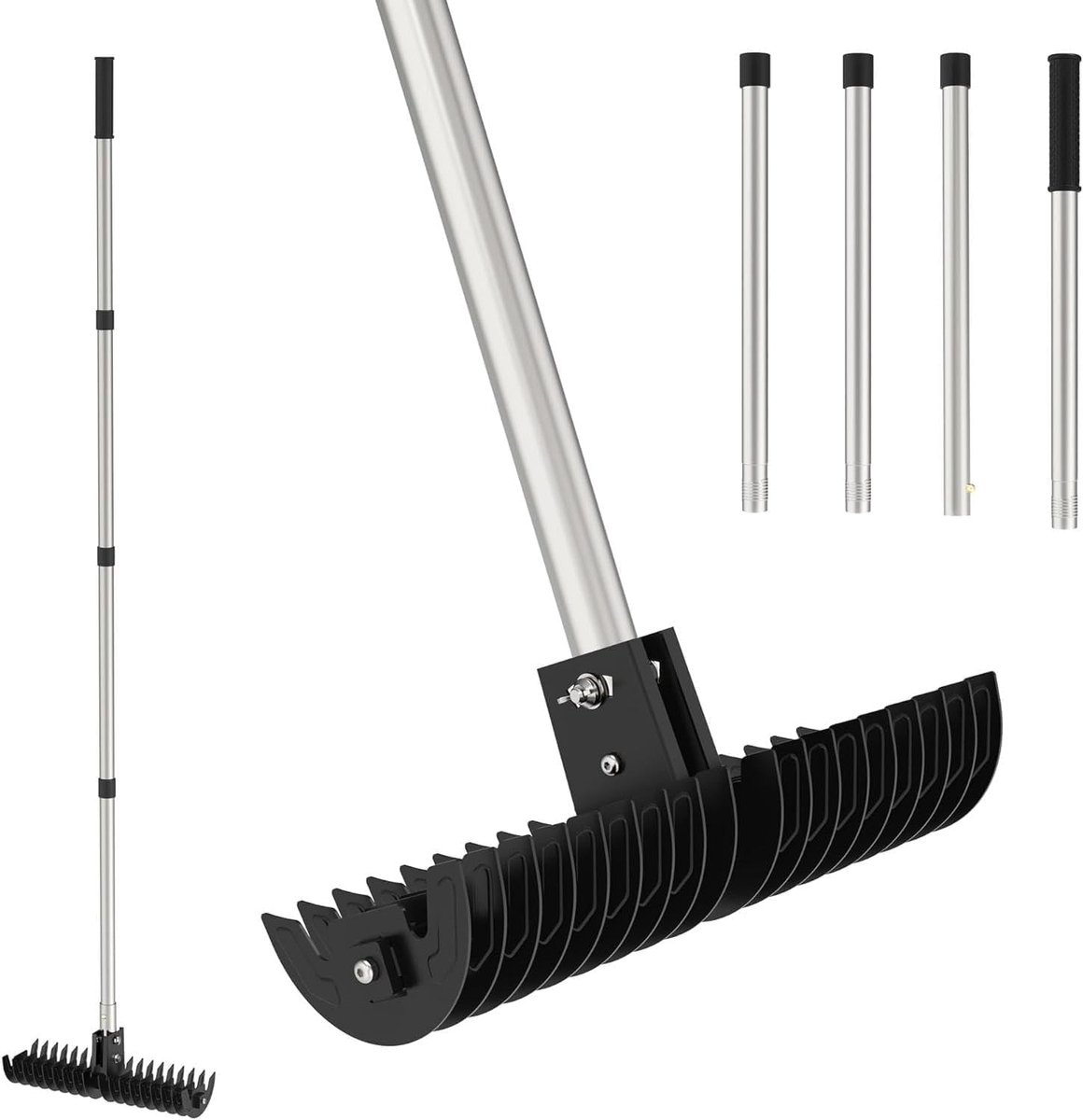 Verticuteerhark voor gazononderhoud, 38-173 cm telescoopsteel, 38-173 cm rekkop met 18 stalen tanden, 0-15° verstelbare hoek, robuuste gazonhark voor het verwijderen van dood gras en mos