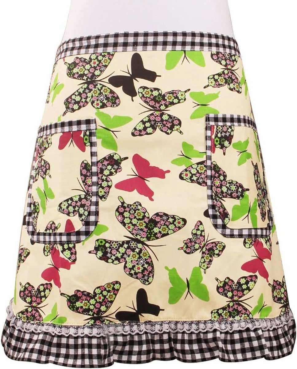 Heupschort met 2 zakken, schattige groene vlinders, voor restaurant, kelder, voor meisjes en dames, bistroschort