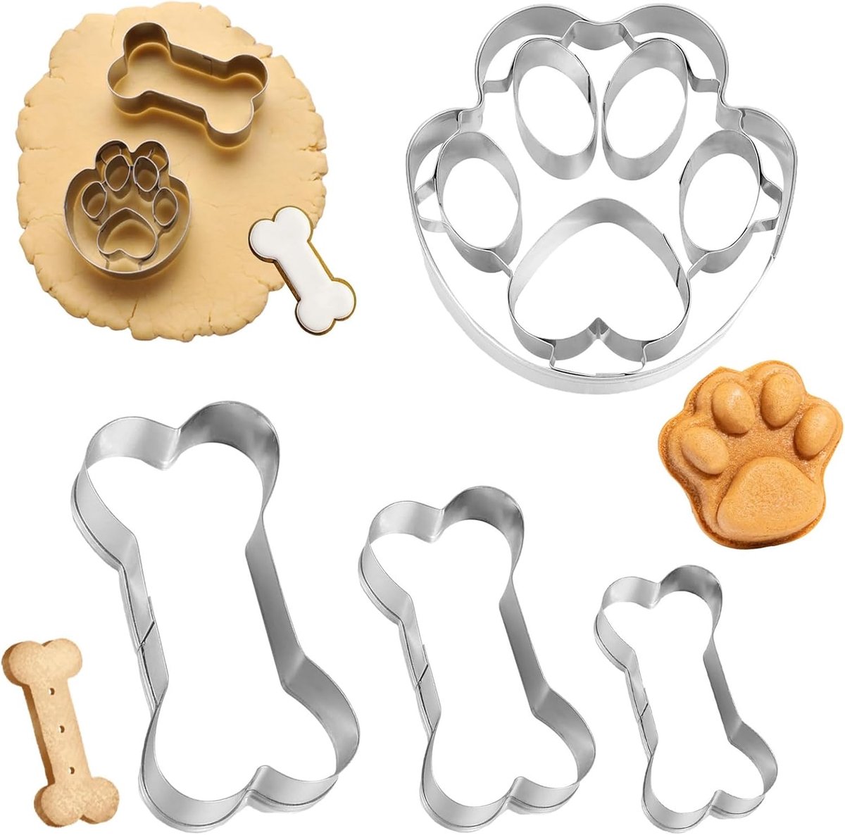 Dailygoods- Uitsteekvormen Set 4-delig - RVS Bakvormpjes - Poot/Bot Vorm - Huisdieren Traktaties - Creatief Bakken - Duurzaam en Stevig - Koekjesvormp