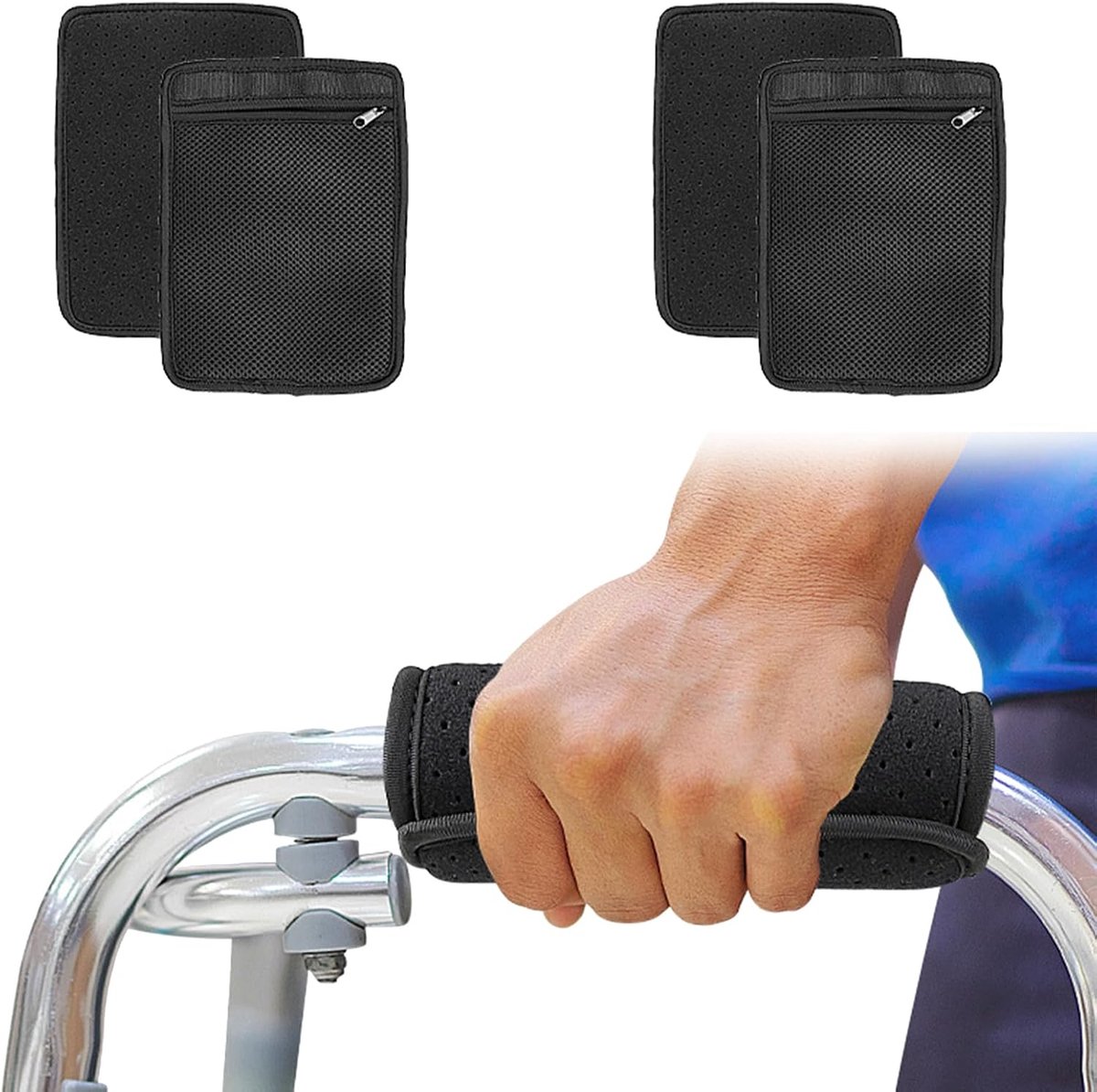 Dailygoods- Rollatorhandvatkussens Wasbaar - Universeel - Zwart - 2 Stuks - 15,8 x 21,2 cm - Eenvoudige Installatie - Handgreepkussens
