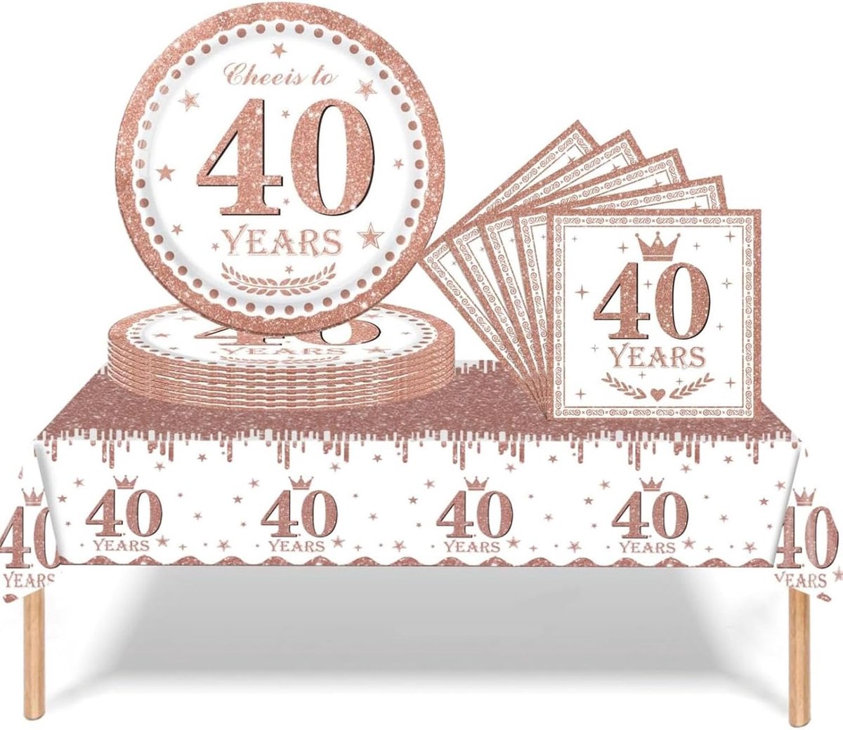 37 stuks roségouden 40e verjaardagsdecoraties voor vrouwen, Happy 40e verjaardag tafelkleed papieren borden en servetten serviettes voor 40e verjaardagsfeestje tafeldecoraties voor volwassenen, haar