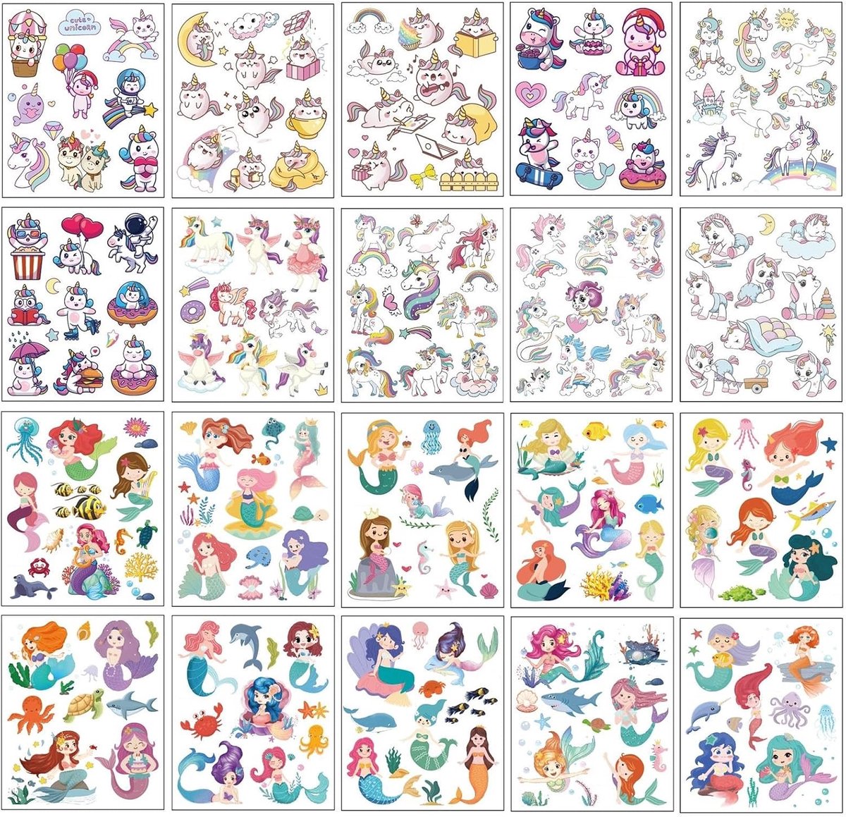 20 Vellen Eenhoorn en Zeemeermin Prinses Tijdelijke Tattoos voor Kinderen Leuke Cartoon Gezicht Stickers Veilig Waterdicht Nep Tattoo Stickers voor Meisjes Feestgoodiebag