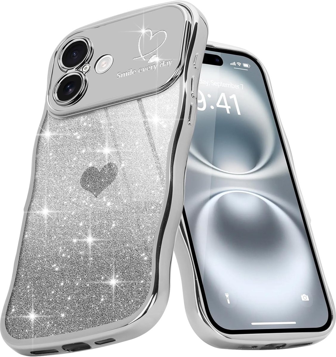 Golven framvorm, telefoonhoes voor iPhone 16 Plus, meisjes, stijlvolle curly golven, beschermhoes, gegalvaniseerde glitter TPU, camerabescherming, krasbestendig, zilver