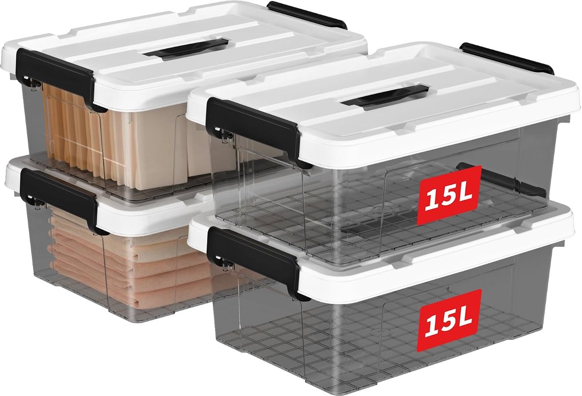 15L x 4 opbergdozen, plastic opbergdoos met deksels, organiserende container met handvat en veilige vergrendelende gespen, stapelbaar, nestbaar, draagtas voor huiskleding, 15L-4Pack, helder