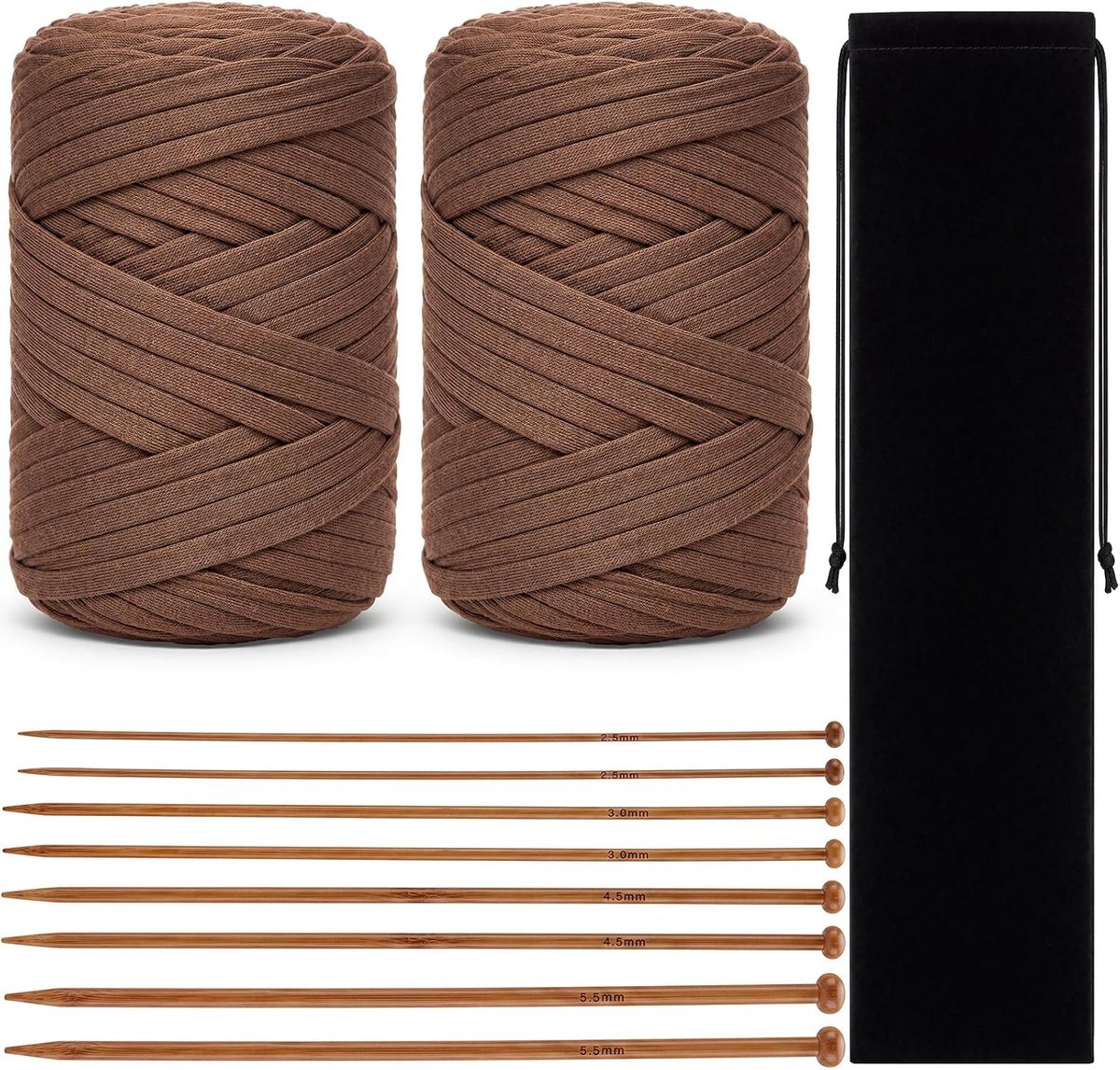 Haakset Met T-Shirtgaren 2 x 400 g Dik Textielgaren met 8 Houten Breinaalden (2,5/3,5/4,5/5,5 Mm) en Fluwelen Opbergtas DIY Haakgarenset Tassen, Manden, Woondecoratie en Knutselwerk, Lichtbruin