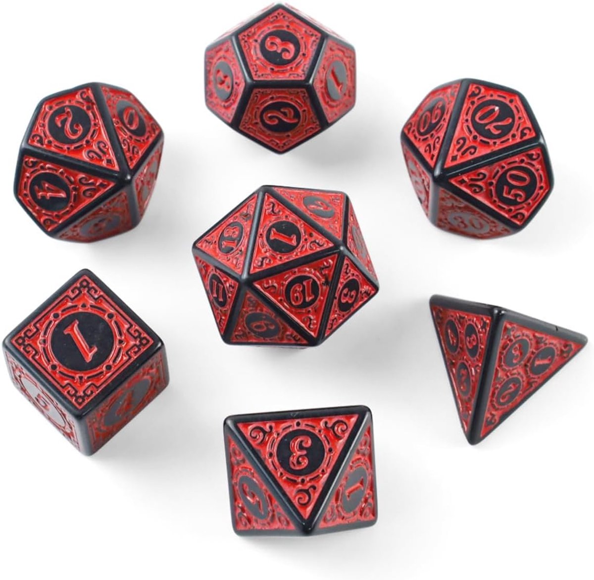 Set van 7 polyedrische dobbelstenen, transparante dobbelstenen voor Dungeons & Dragons, RPG, MTG, DND, tafelkaartspellen, dobbelstenen (rood)