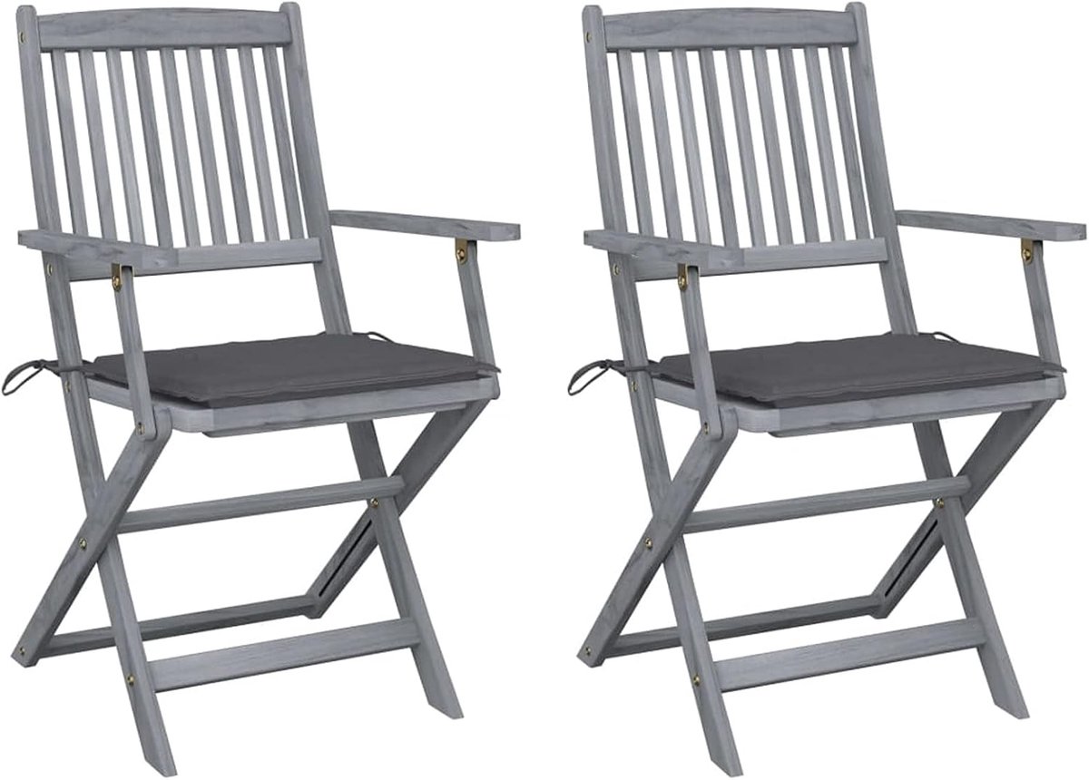 Opvouwbare tuinstoelen, eetkamer voor buiten, met kussens, houten tuinstoel voor buiten, hout, 2 stuks, met kussens van massief acacia