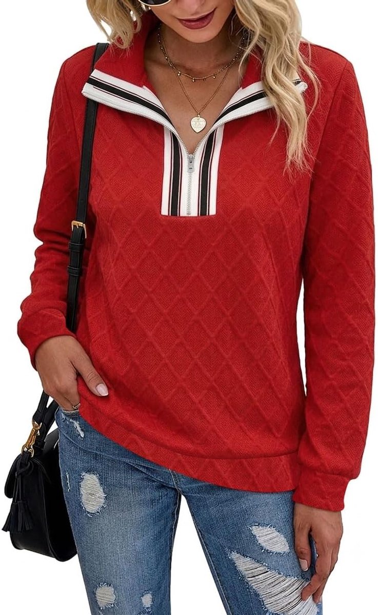 Dames-sweatshirt, halve ritssluiting, herfst, winter, lange mouwen, opstaande kraag, los, casual, elegant, S-XXL