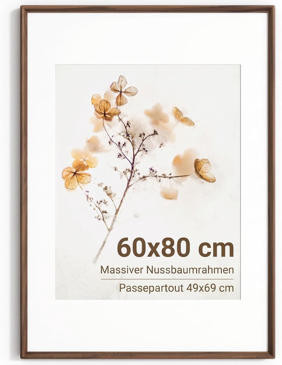 60 x 80 cm, van massief notenhout, HD gehard glas, fotolijst met passe-partout voor 49 x 69 cm, modern, decoratie voor woonkamer en kantoor, wandmontage