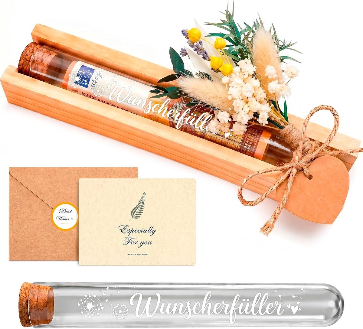 Geldgeschenk, houten set met glazen buisjes en gedroogde bloemen, verpakking geldgeschenken voor verjaardag, bruiloft, communie, vormsel, jeugddoof en Kerstmis