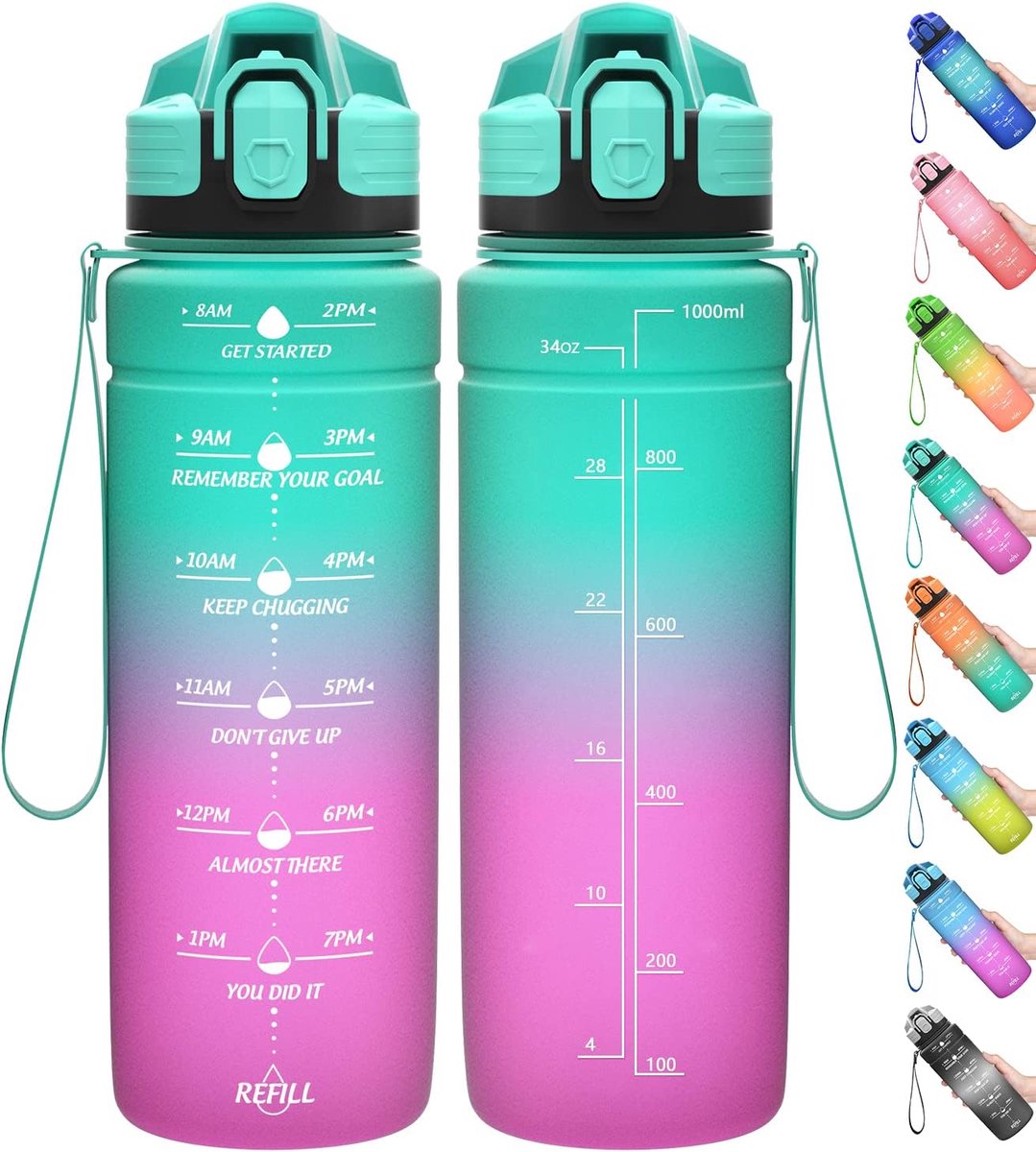 sportwaterfles 2 l, 1,5 l, 1 l, 700 ml, 500 ml, lekvrij, motiverende waterfles met tijdmarkering, BPA-vrije Tritan drinkfles voor school, gym