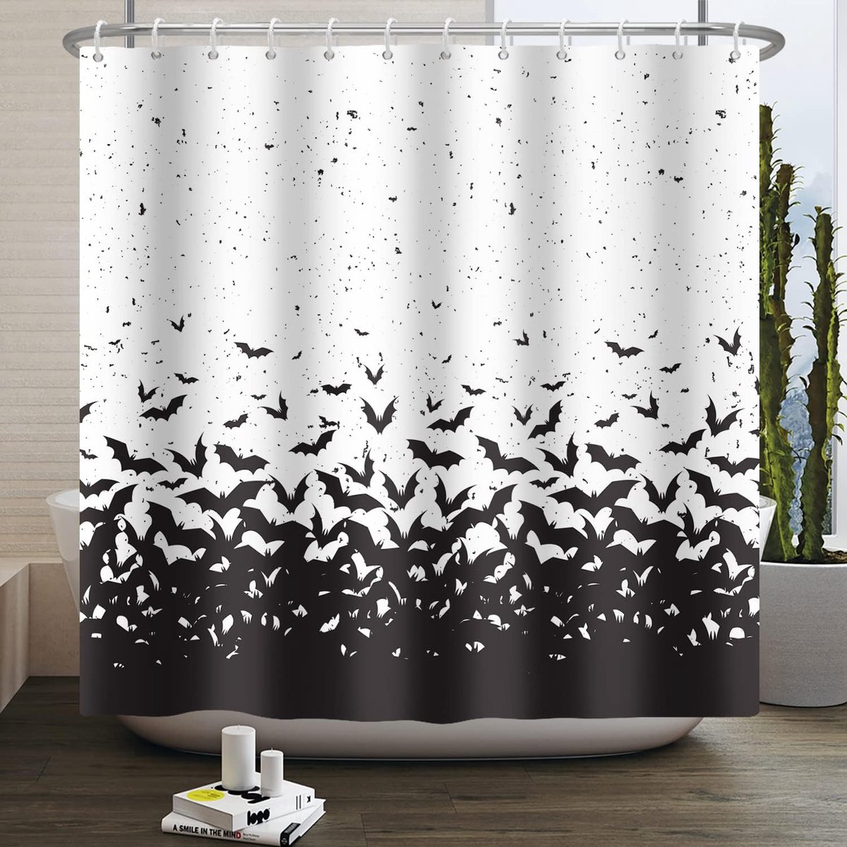 Douchegordijn zwart wit vleermuis badgordijn Halloween thema douchegordijnen badkamer decor set met haken voor badkamer woondecoratie art gordijn 72x74 inch