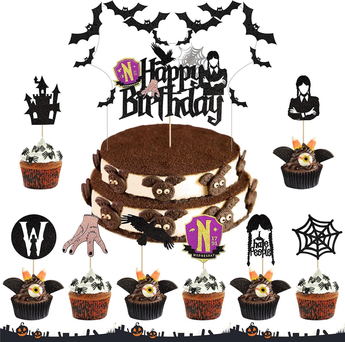 Halloween: 1 grote Happy Birthday-cupcake-topper + 20 stuks cupcake-toppers