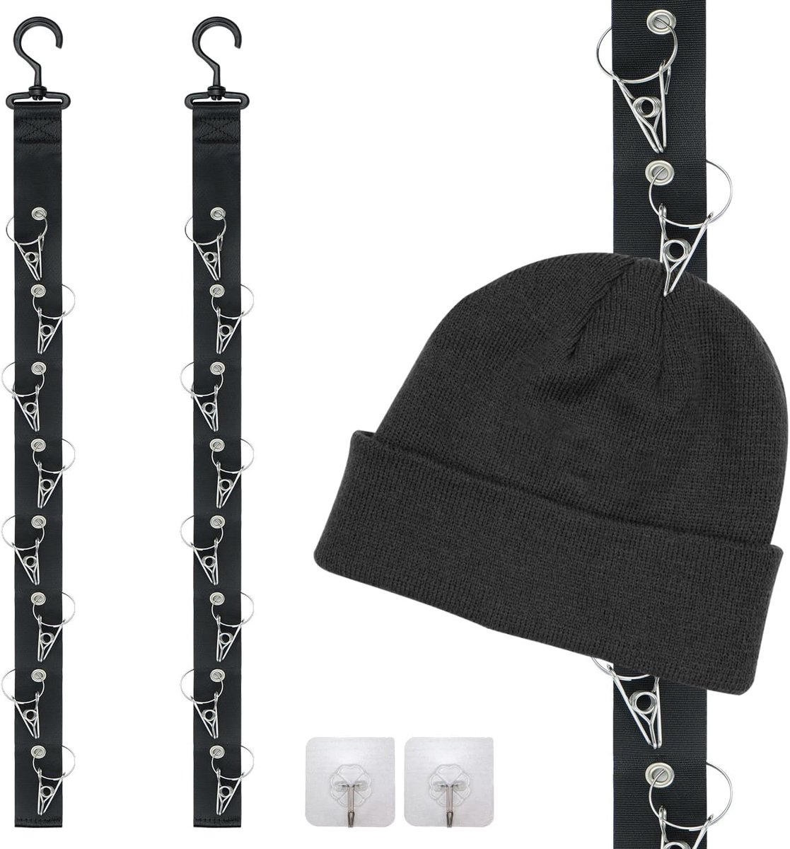 Hoedhouder, wandorganizer, kleerhanger, honkbaldisplay, sjaalrek, kledinghaken voor hoed en kleding (zwart)