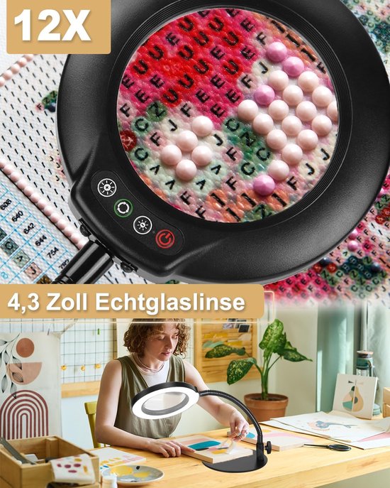 15 x vergrootglas met licht en standaard, 5 kleurmodi, traploos dimbare led-verlichte bureaulamp, handen vrij, flexibele zwanenhals, loep met licht voor handwerk, hobby, schilderen, werken — afbeelding 2