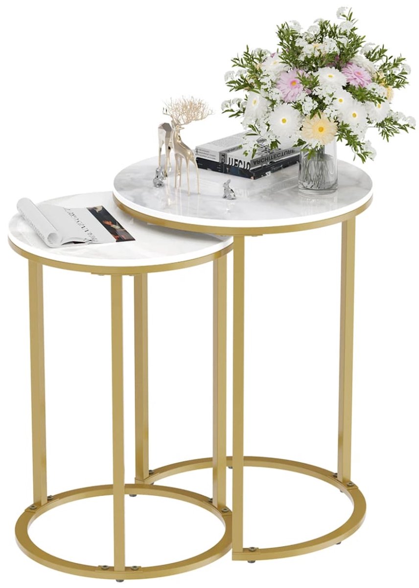Klarven Bijzettafel Sintersteen - Bijzettafel Bank - Bijzettafel Rond - Bijzettafeltjes Woonkamer - Metalen Onderstel, Duurzaam en Stijlvol - Set van 2 - Rond ø59x16,2cm Goud