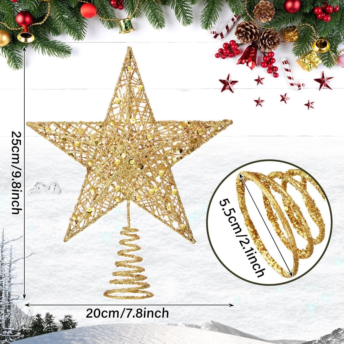 Kerstboompiek - Goud - 25 x 20 x 5 cm - Metalen Ster met Sprankelende Pailletten - Voor Kerstmis Decoratie