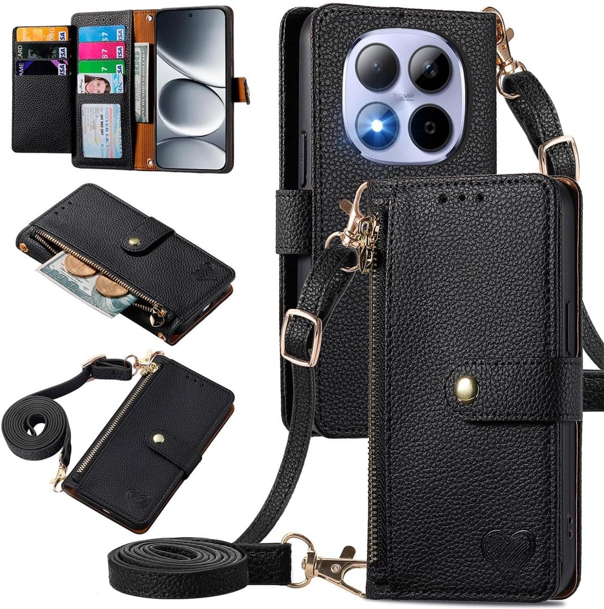 Flip Hoesje Voor Xiaomi Redmi Note 15 Pro 4G, Leren Rits Flip Portemonnee Hoesje [met Schouderriem], Multifunctionele Kaarthouder en Anti-val Telefoonbescherming. Black
