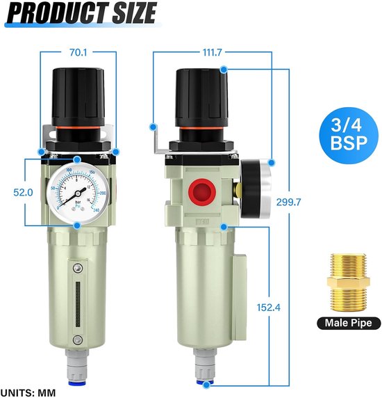 3/4" BSP Zwaar uitgevoerde industriële luchtcompressor vochtfilter, Automatische afvoer, Deeltjesfilter en luchtregelaar voor plasmasnijder en verfspuit — afbeelding 2