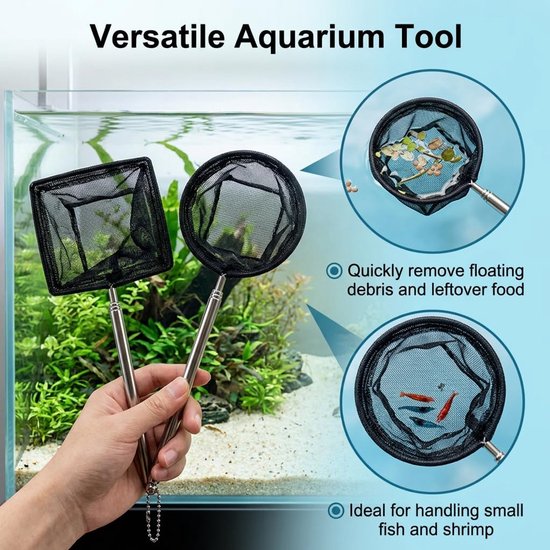 2 stuks telescopische schepnet voor aquarium, van roestvrij staal, fijnmazig, groot, vierkant en groot, rond, zwart, voor vijver buiten, spa en mini-zwembad, praktische reiniging — afbeelding 4