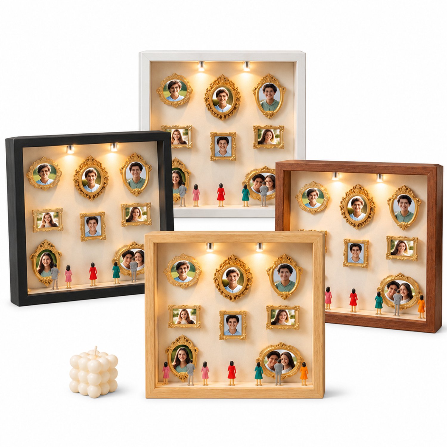 SWGOTA Zwarte MDF-displaylijst met binnenmaat 15 x 20 cm, tafelmodel met 8 minifotolijstjes, 8 willekeurige figuurtjes en 2 lampjes