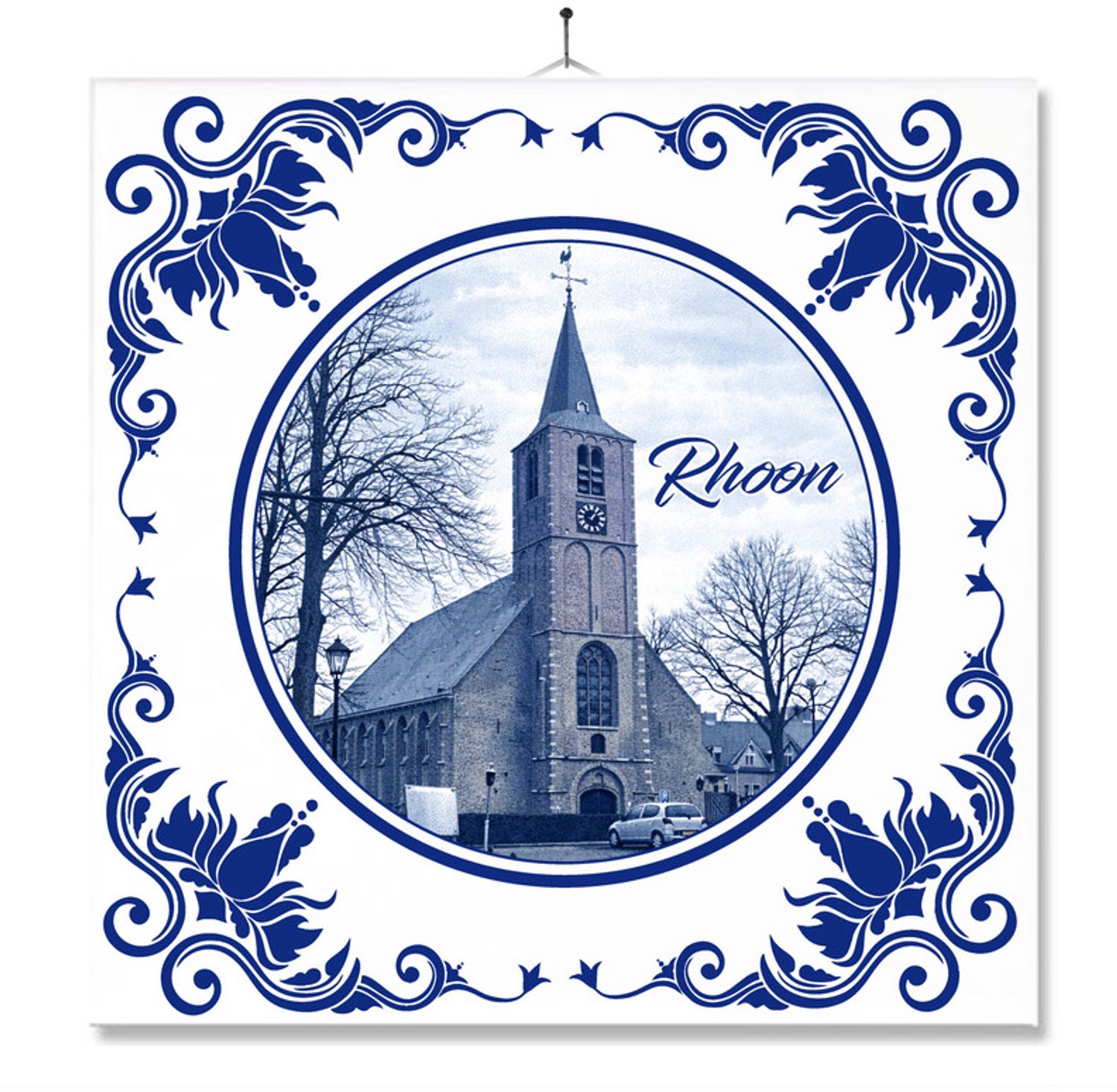 MC Living Tegel Met Opdruk | Rhoon | Delft Blauw | Cadeau | Inclusief Geschenkdoos | Standaard | Ophangsysteem