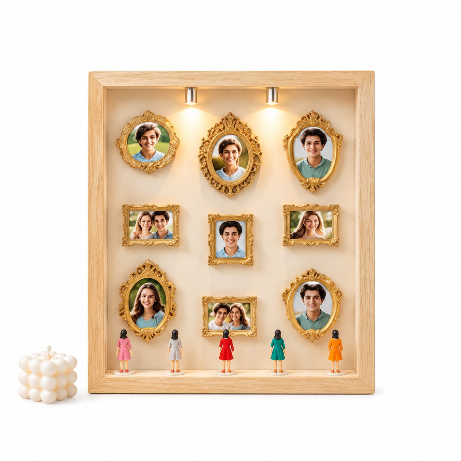 SWGOTA Holle MDF-displaylijst in naturel, binnenmaat 15 x 20 cm, voor op tafel, met 2 lampjes