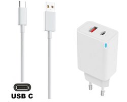 OneOne 30W super snellader met 2 poorten + 1,8m sterke USB C kabel. PD lader. Oplader adapter past op Nokia T20, T21, X10, X100, X20, X30, X5, X7, X71, XR20, XR21, 9 PureView