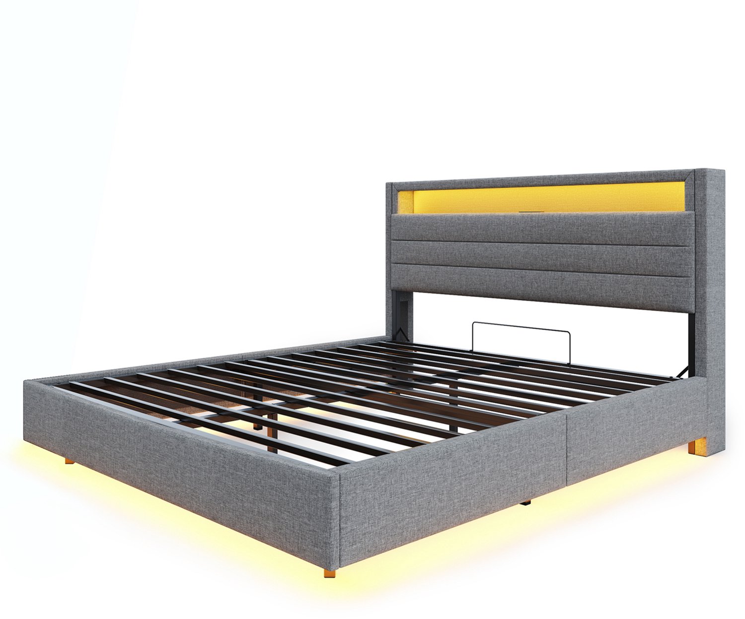 MUVANO Gestoffeerd bed 140x200 cm - hydraulisch bed met opbergruimte - zwevend bedframe - USB-aansluiting en LED-verlichting - grijs linnen bed
