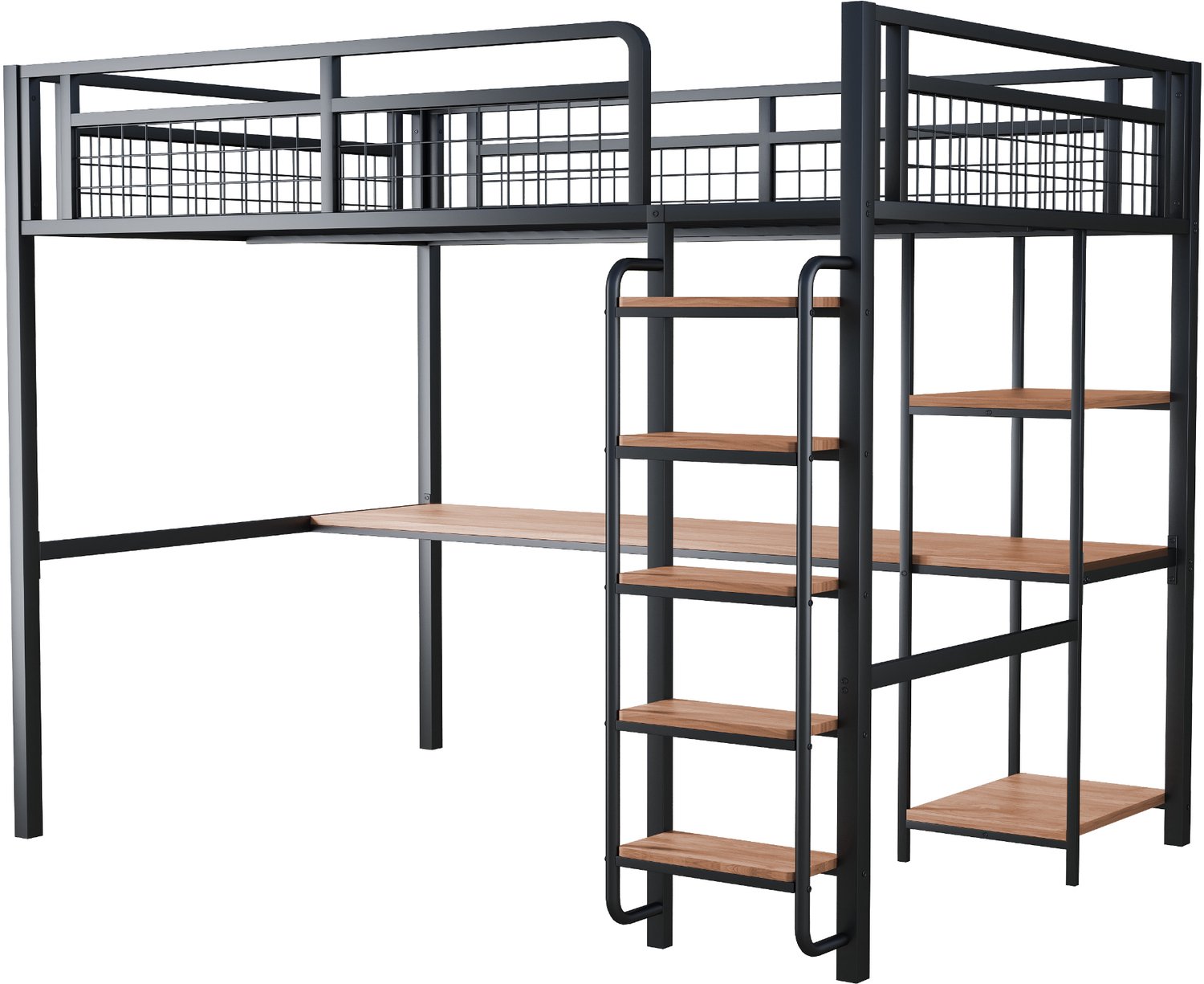 MUVANO Metalen hoogslaper 140 x 200 cm - zwarte hoogslaper met bureau en planken - veiligheidshek, trapladder en lattenbodem voor slaap- en werkruimte