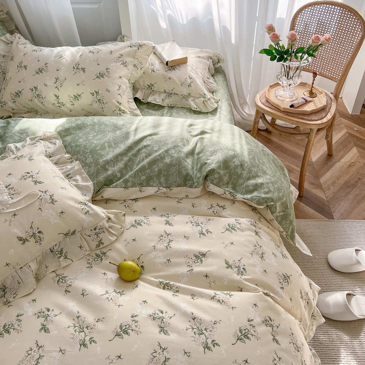 mixinni Omkeerbare groene bloemen dekbedovertrek set King Size - 100% katoen botanische beddengoed set met ruches kant, 3 stuks beige zachte esthetische cottagecore stijl dekbedovertrek voor meisjes