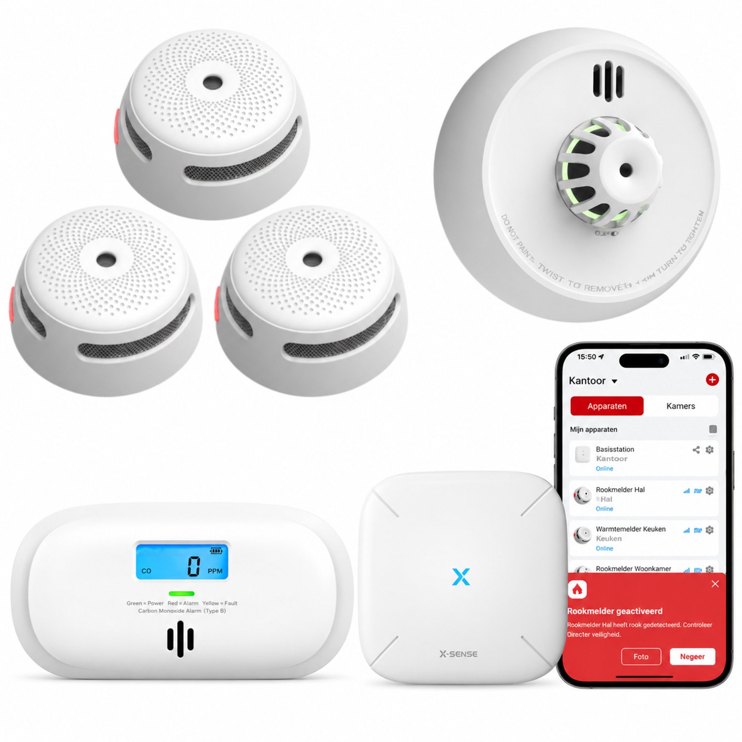 X-Sense Complete Link+ Pro Slimme bundel - 3 XS01-M Rookmelders, 1 XC0C-MR Koolmonoxidemelder, 1 XH02-M Hittemelder en SBS50 Base Station - Werkt via app - WiFi gateway - Draadloos RF koppelbaar - Brandalarm, Keukenmelder en CO melder - Smart home