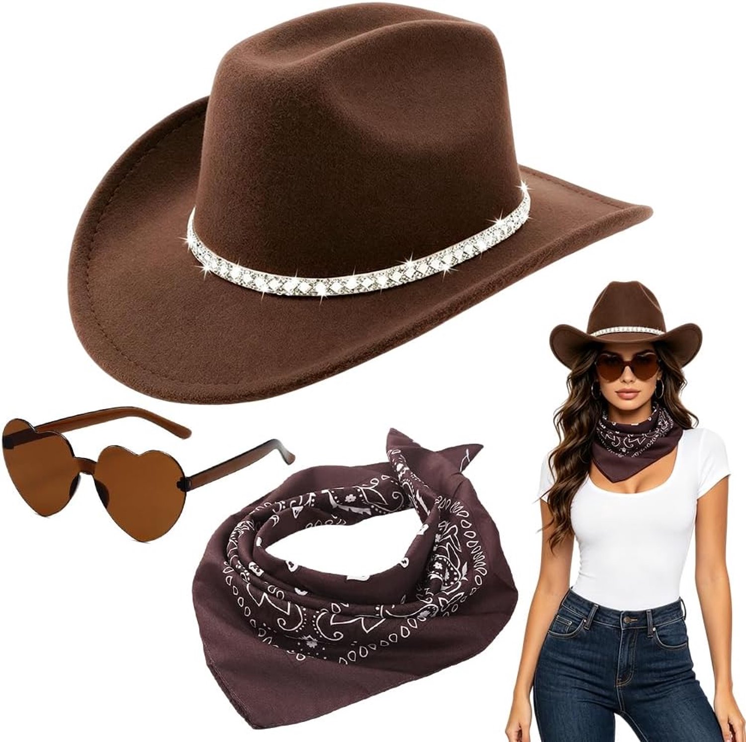 Cowgirhut hoed set western cowboyhoed met pentagram zonnebril en vierkante sjaal kostuumaccessoires verstelbaar trekkoord multifunctioneel voor Halloween themafeest
