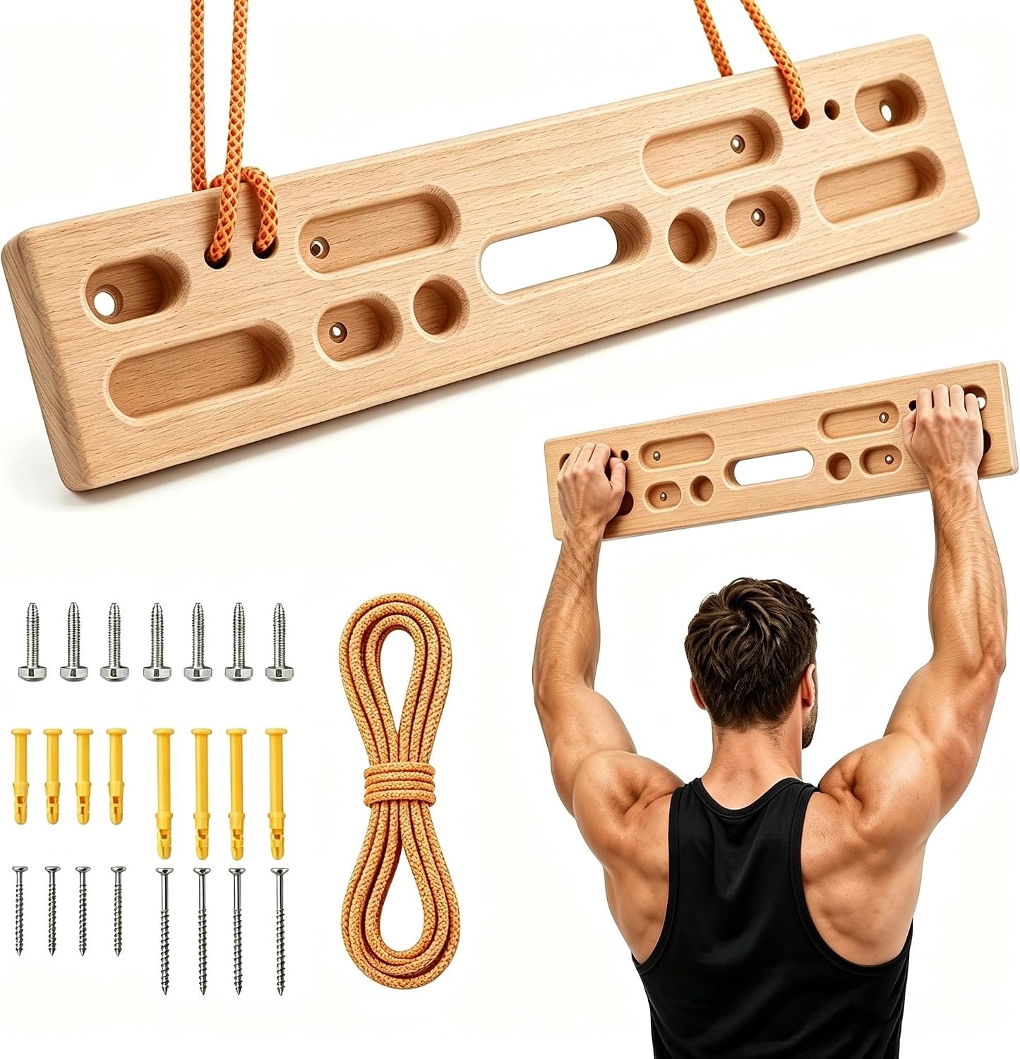 Trainingsbord voor klimmers, draagbaar vingerbord 50 x 10 x 3 cm, grepen voor 1, 2 of 4 vingers, wandbevestiging met touw of schroeven, vingerkrachttraining voor beginnende en professionele klimmers