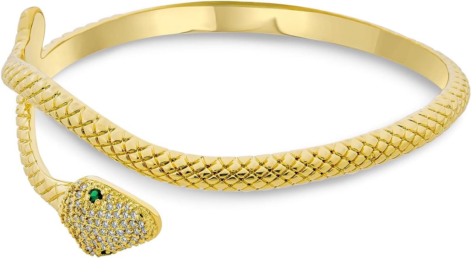 Zwarte witte gesimuleerde blauwe saffier of smaragd Egyptische slang stijl groen oog Cz bypass wrapping statement slang manchet armband voor vrouwen 18 K geel goud & zilver verguld messing, 7 pollici