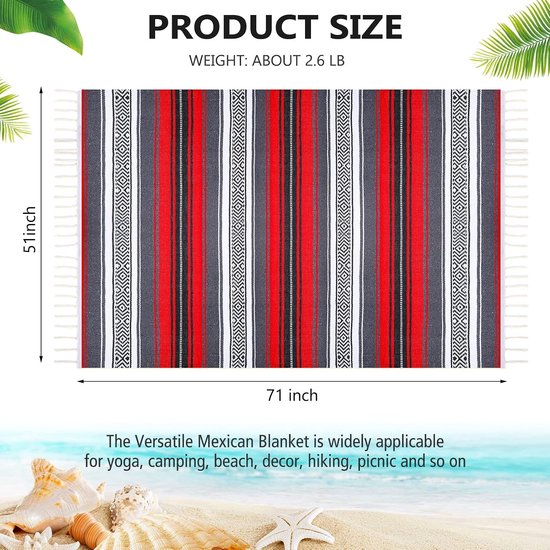 4 stuks Mexicaanse dekens bulk handgeweven Mexicaanse yoga deken handdoek kleurrijke Falsa serape geweven deken boho Mexicaanse stranddekens voor buiten camping strand picknick reizen thuis (rood) — afbeelding 3