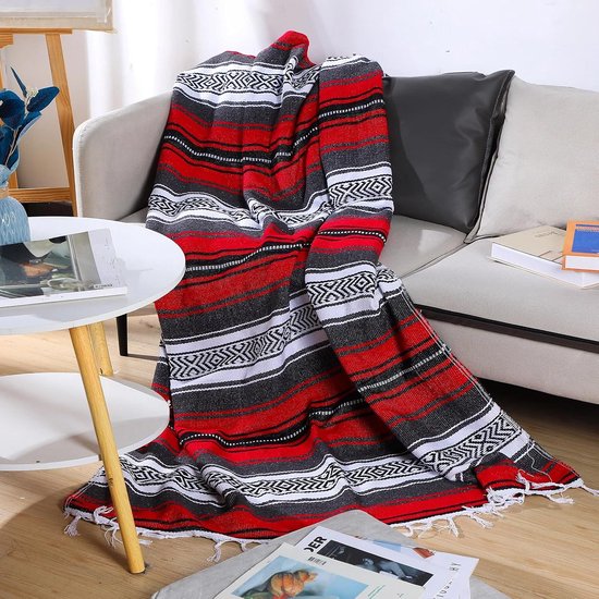 4 stuks Mexicaanse dekens bulk handgeweven Mexicaanse yoga deken handdoek kleurrijke Falsa serape geweven deken boho Mexicaanse stranddekens voor buiten camping strand picknick reizen thuis (rood) — afbeelding 4