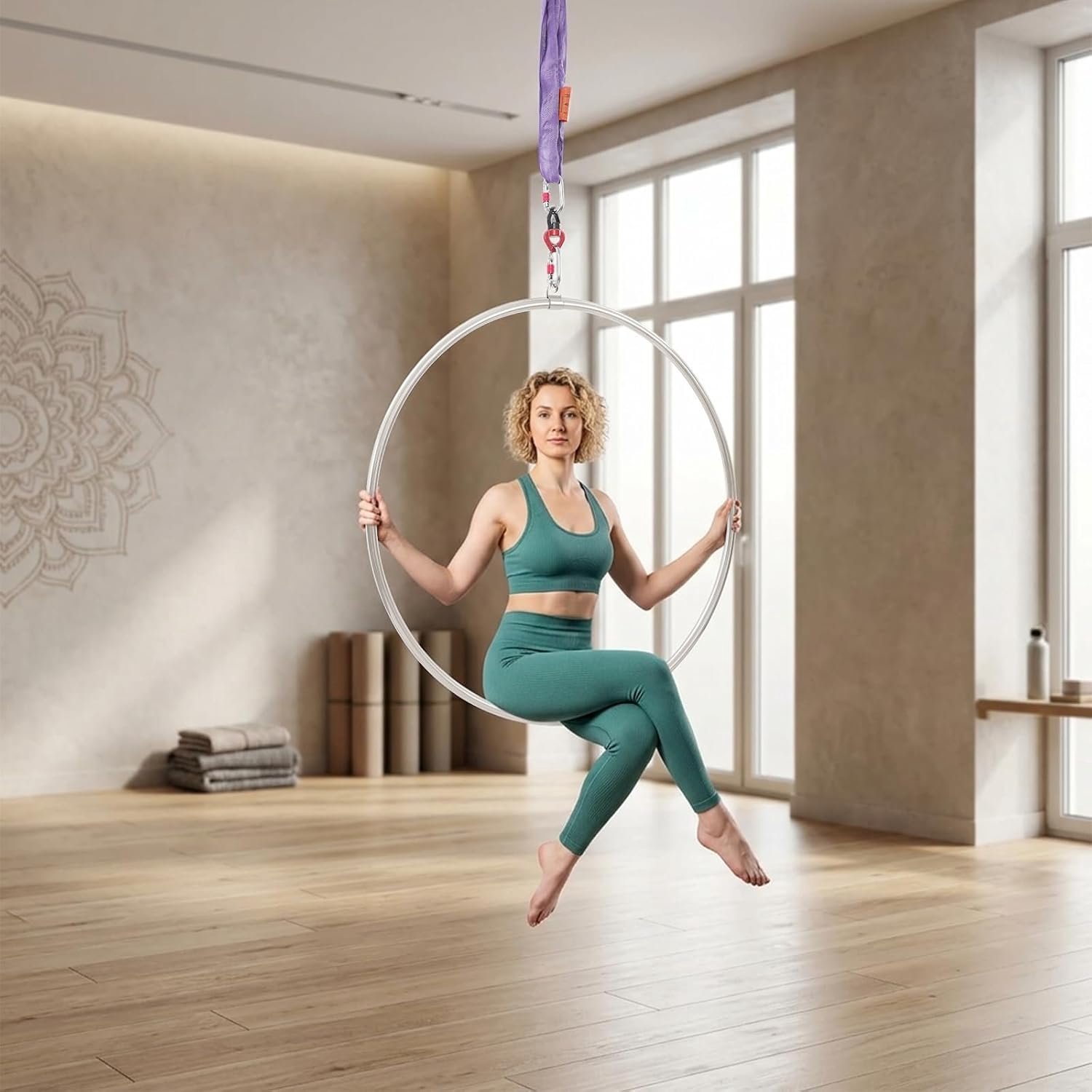 Aerial Hoop Set 95cm roestvrij staal Single Point Aerial Ring Aerial Yoga Hoop ringen training luchtsport acrobatiek gymnastiek fitnessstudio zilver paars