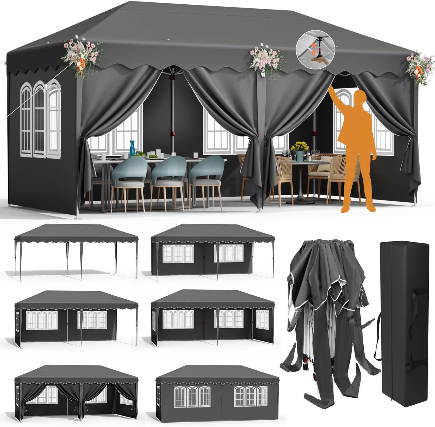 LIFERUN Paviljoen 3x6m,Opvouwbaar Partytent met 6 Zijpanelen Waterdicht