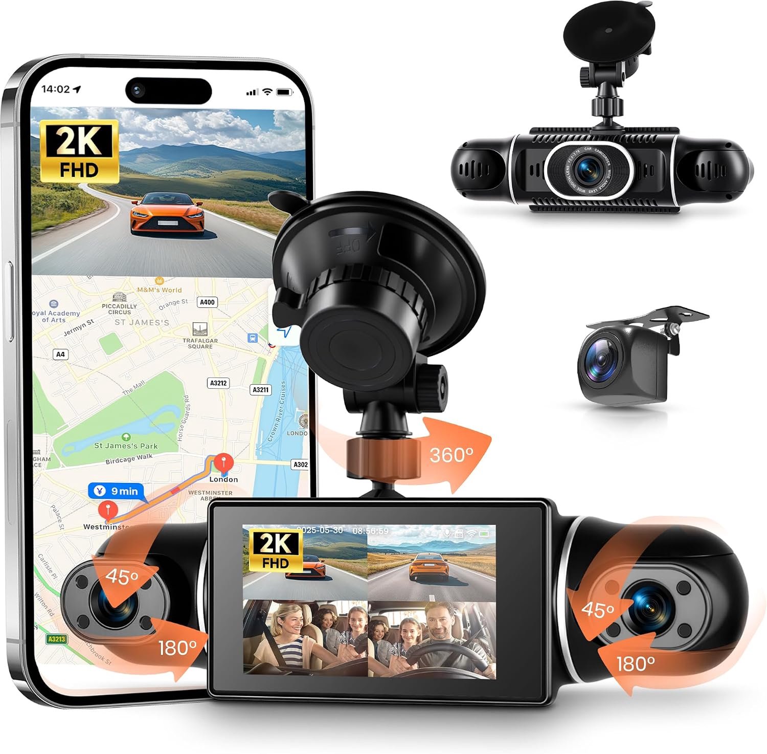 360° 4-kanaals dashcam auto voor en achter links rechts 2K + 1080P, 3 inch IPS-display, wifi dashcam met IR-nachtzicht, WDR, app-bediening, G-sensor, 24/7 parkeerbewaking, loopopname, parkeerhulp