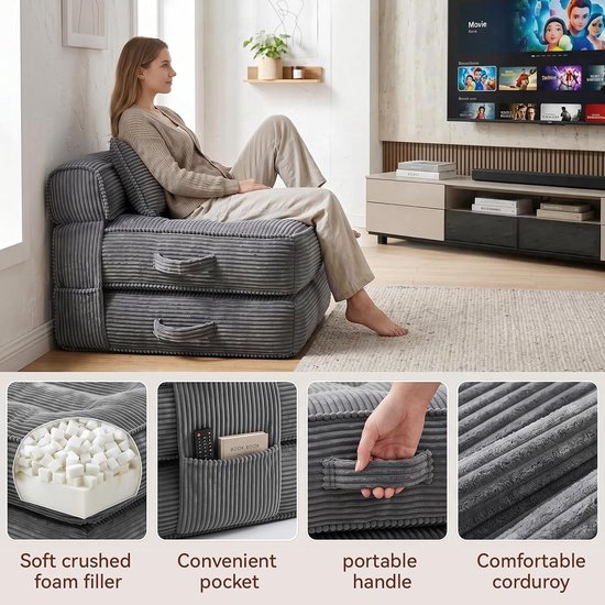 Opvouwbare slaapbank, converteerbare slaapstoel met kussen, opvouwbare matras met rugleuning, draagbare opvouwbare stoel bed comfortabele vloerbank woonkamer slaapkamer appartement eenvoudig — afbeelding 4