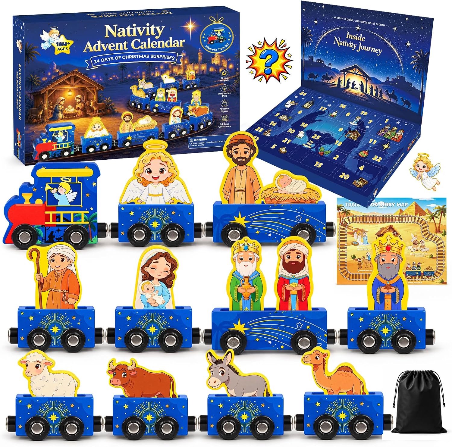 Adventskalender 2026 voor kinderen, kerststal, magnetische houten trein, kerstkalender, 24 dagen aftellen naar Kerstmis, Montessori educatief speelgoed, kerstcadeaus voor jongens, meisjes en baby's