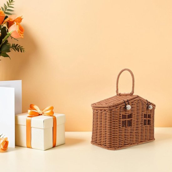Vintage Huisvormige Picknickmand met Imitatie Rattan Handgeweven Ontwerp Rustieke Decoratieve Draagmand met Handvat voor Bruiloftsgeschenken Feestelijke Buitenactiviteiten — afbeelding 2