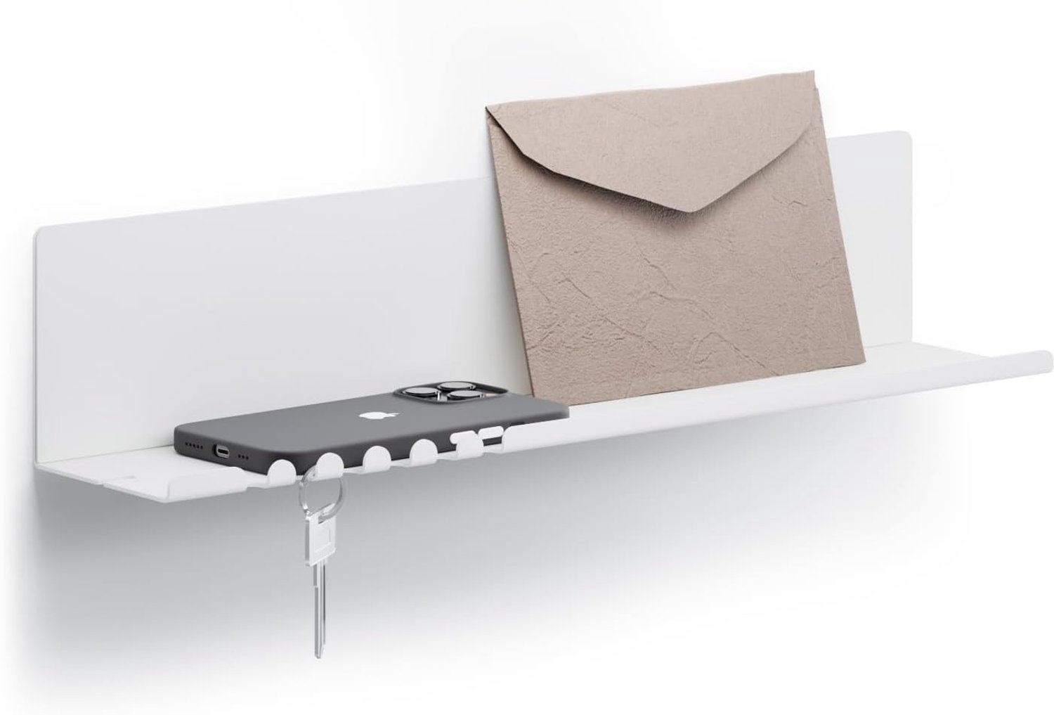 Byde Helke Wandplank, 44 x 9 x 9 cm, organizer voor sleutels, brieven en kleine voorwerpen. Sleutelhaken, 5 sleutelhaken, kabelhouder voor oplader. Plank van gepoedercoat staalplaat. Kleur Wit