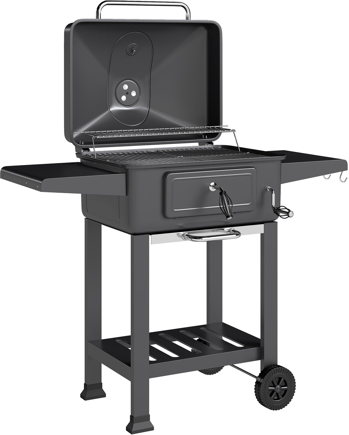 Houtskoolbarbecuewagen voor in de tuin met XXL-deksel, houtskoolbak en verstelbare ventilatieopeningen, 112 cm, zwart